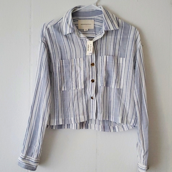 NWT Aeropostale Blue White Long Sleeve Striped Cropped ⭐3+ Bundle 15%⭐️ - Picture 4 of 8